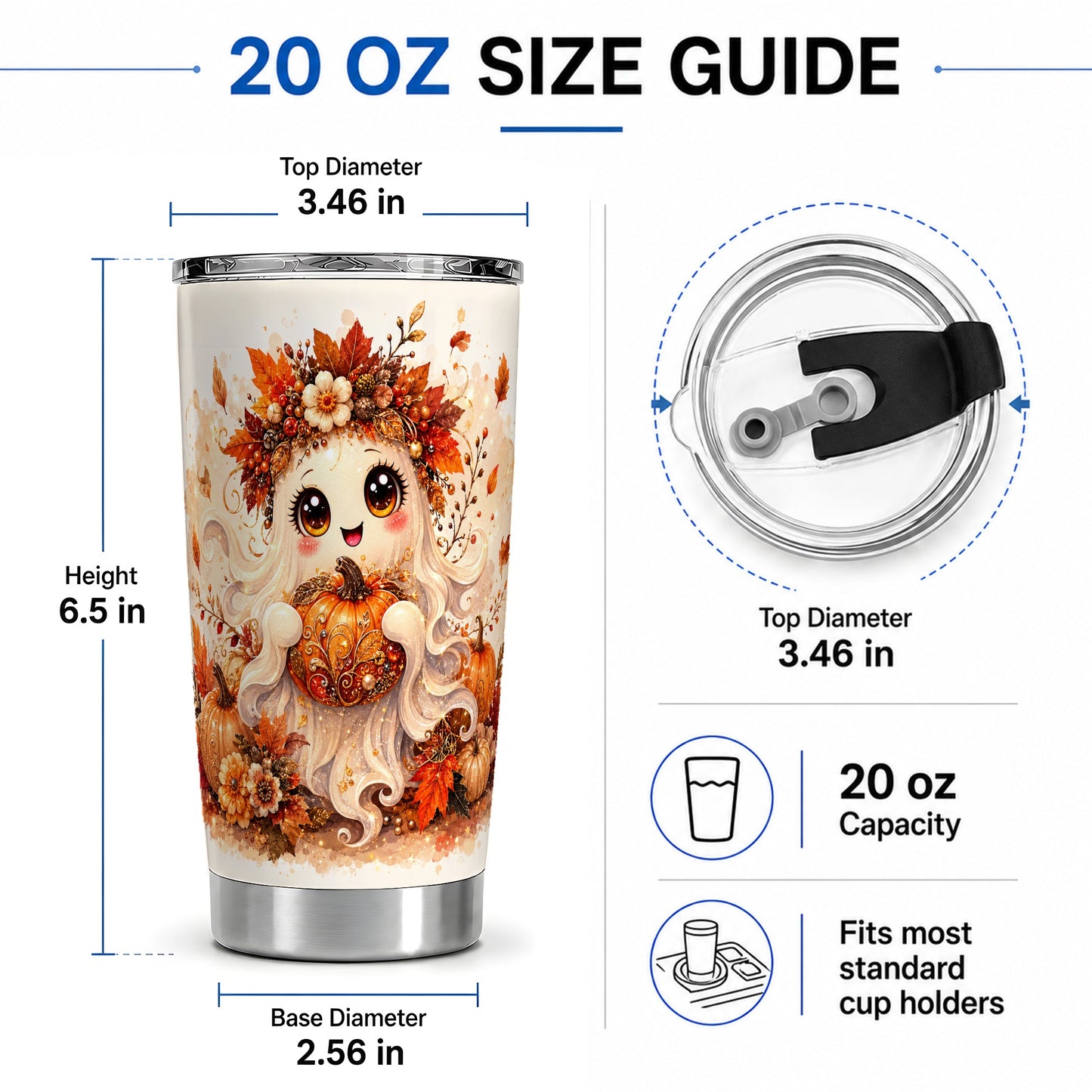#pl[20oz|Steel] Cute Autumn Ghost Tumbler, 20oz Tumbler with Ornate Pumpkin Artwork