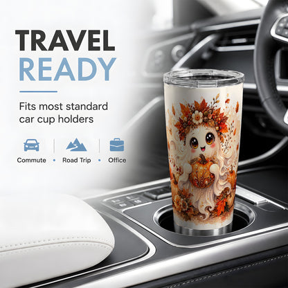 #pl[20oz|Steel] Cute Autumn Ghost Tumbler, 20oz Tumbler with Ornate Pumpkin Artwork