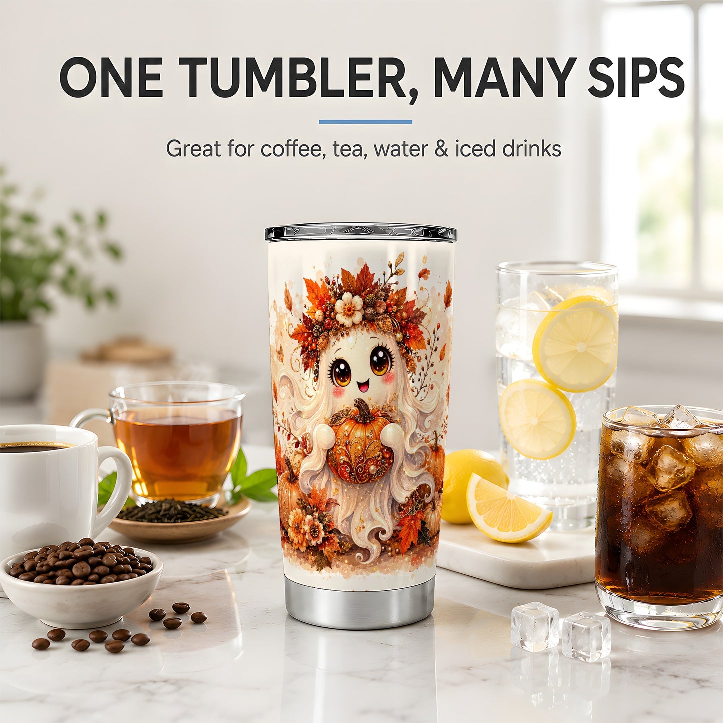 #pl[20oz|Steel] Cute Autumn Ghost Tumbler, 20oz Tumbler with Ornate Pumpkin Artwork