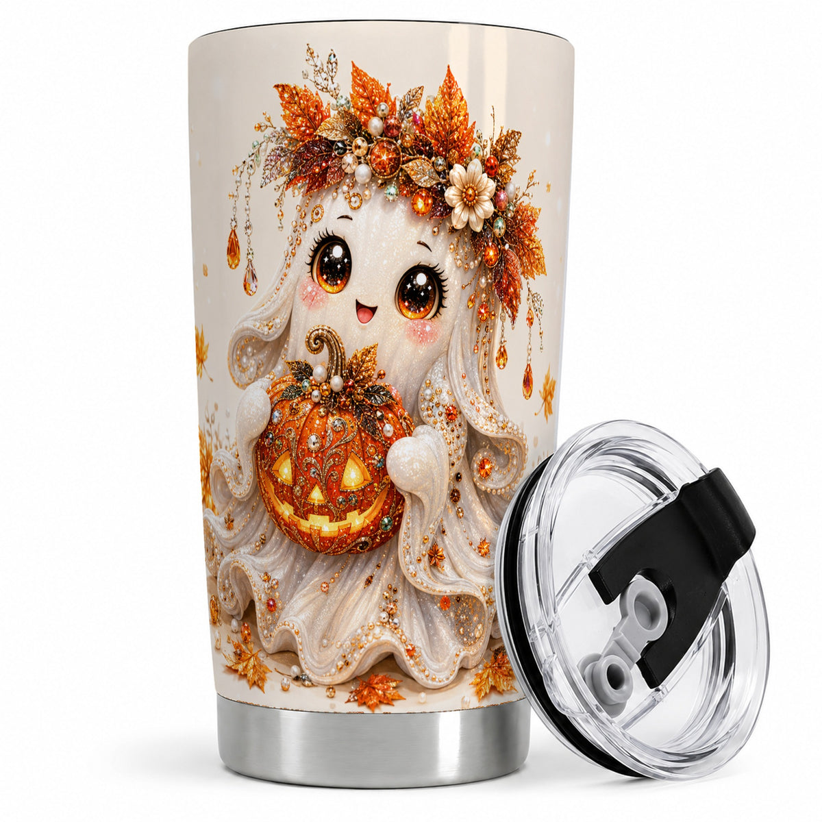 Jeweled Halloween Ghost Tumbler, 20oz Tumbler with Jack O Lantern Art