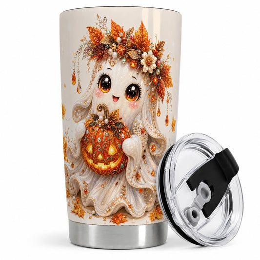 Jeweled Halloween Ghost Tumbler, 20oz Tumbler with Jack O Lantern Art