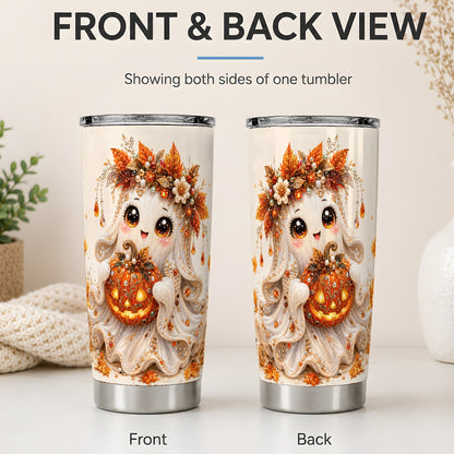#pl[20oz|Steel] Jeweled Halloween Ghost Tumbler, 20oz Tumbler with Jack O Lantern Art