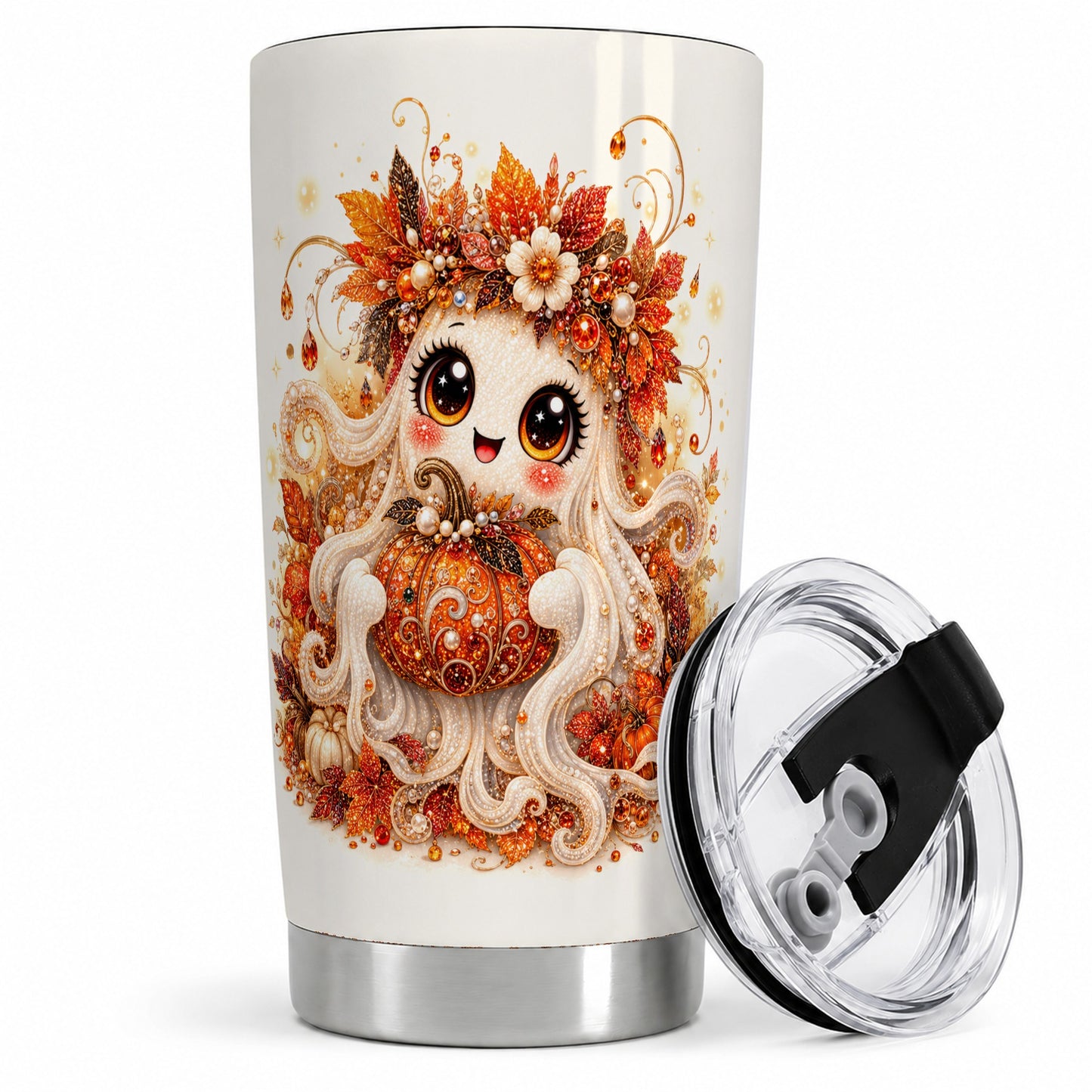 Cute Autumn Ghost Tumbler, 20oz Stainless Steel Tumbler with Pumpkin Art