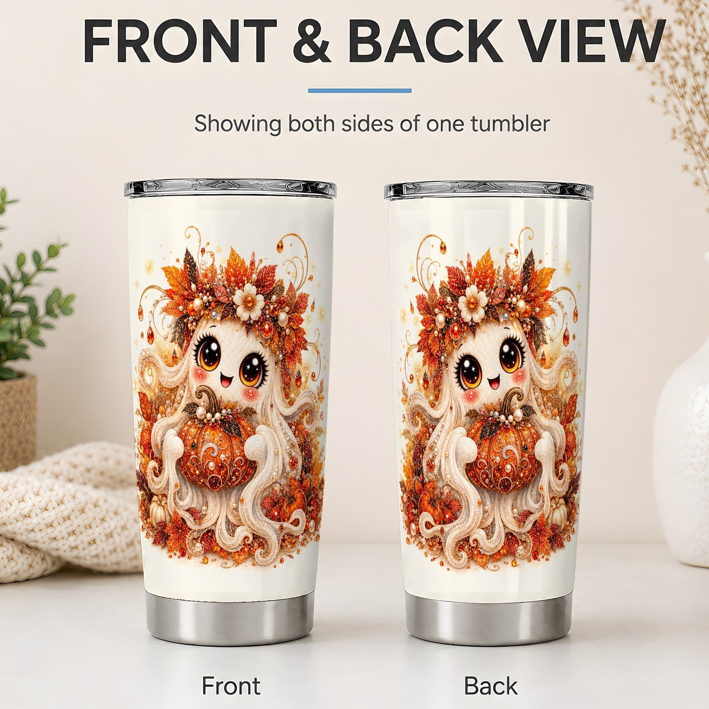 #pl[20oz|Steel] Cute Autumn Ghost Tumbler, 20oz Stainless Steel Tumbler with Pumpkin Art