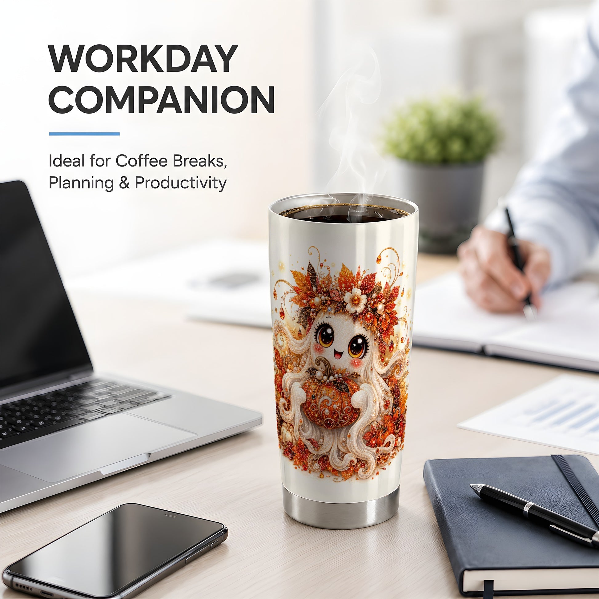 #pl[20oz|Steel] Cute Autumn Ghost Tumbler, 20oz Stainless Steel Tumbler with Pumpkin Art