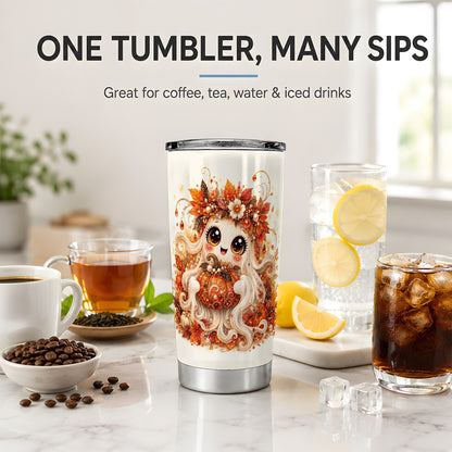 #pl[20oz|Steel] Cute Autumn Ghost Tumbler, 20oz Stainless Steel Tumbler with Pumpkin Art
