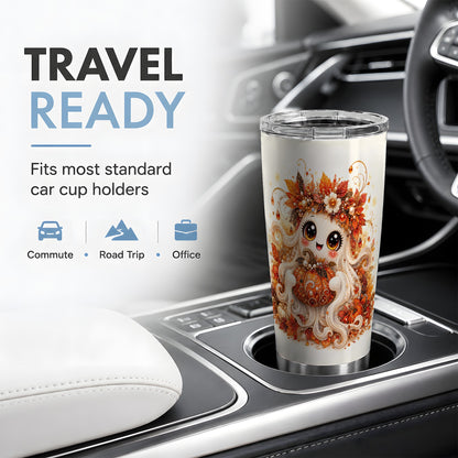 #pl[20oz|Steel] Cute Autumn Ghost Tumbler, 20oz Stainless Steel Tumbler with Pumpkin Art