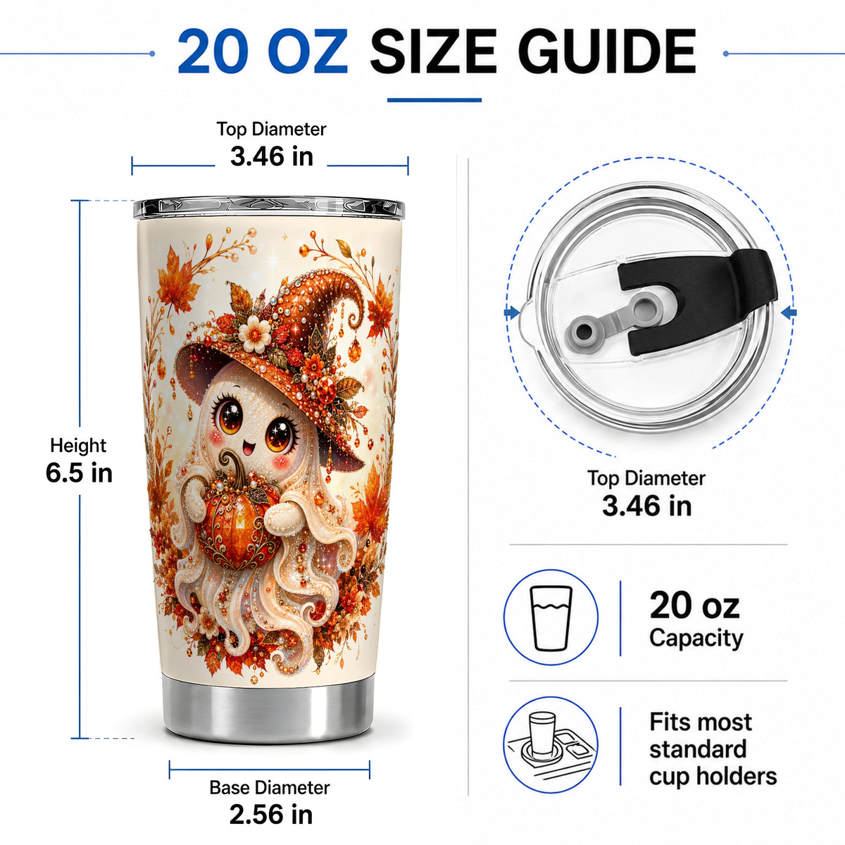 #pl[20oz|Steel] Witch Ghost Tumbler, 20oz Stainless Steel Tumbler with Autumn Pumpkin Art