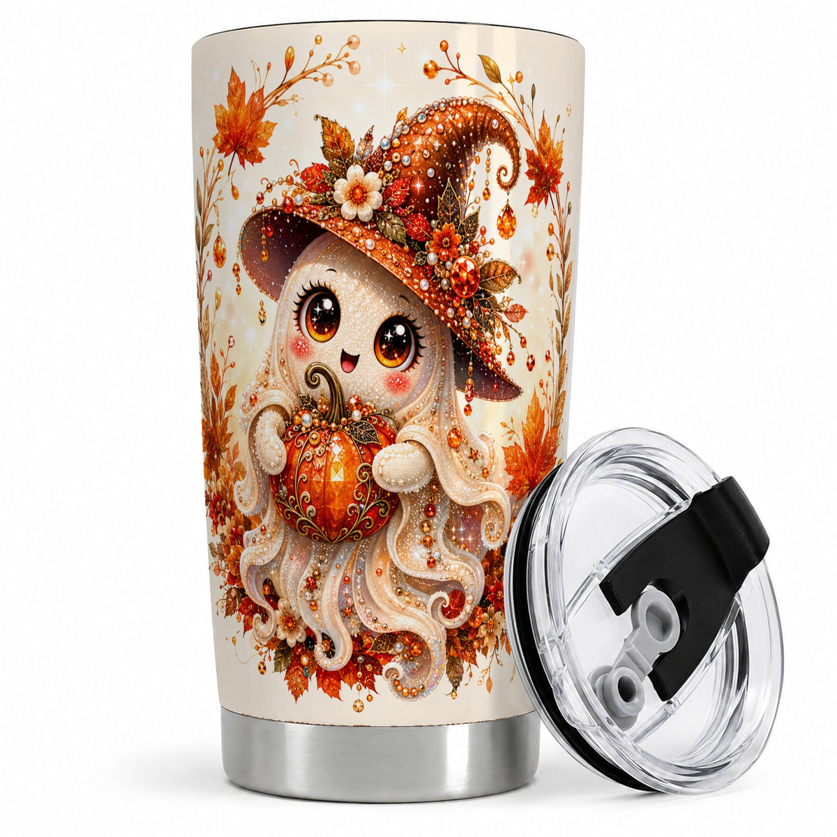 Witch Ghost Tumbler, 20oz Stainless Steel Tumbler with Autumn Pumpkin Art