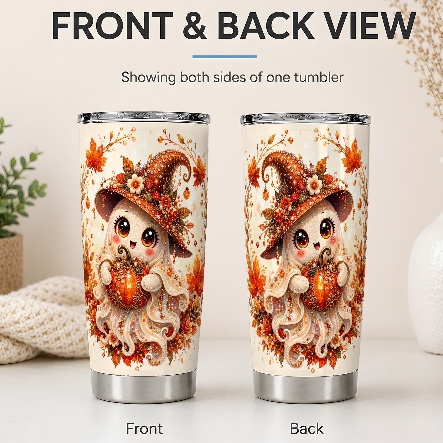 #pl[20oz|Steel] Witch Ghost Tumbler, 20oz Stainless Steel Tumbler with Autumn Pumpkin Art