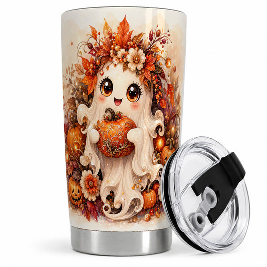 Cute Halloween Ghost Tumbler, 20oz Stainless Steel Tumbler with Pumpkin Art