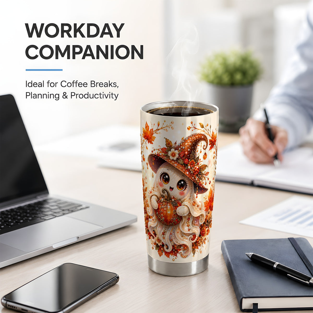 #pl[20oz|Steel] Witch Ghost Tumbler, 20oz Stainless Steel Tumbler with Autumn Pumpkin Art