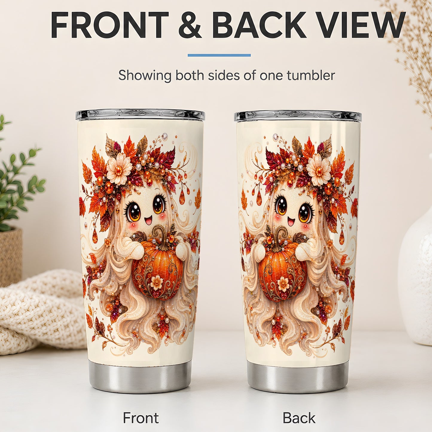 #pl[20oz|Steel] Autumn Ghost Tumbler, 20oz Stainless Steel Tumbler with Jeweled Pumpkin Art