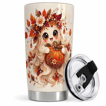 Autumn Ghost Tumbler, 20oz Stainless Steel Tumbler with Jeweled Pumpkin Art