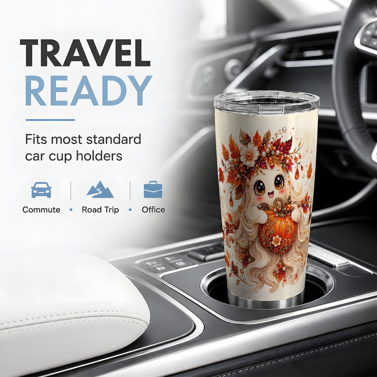 #pl[20oz|Steel] Autumn Ghost Tumbler, 20oz Stainless Steel Tumbler with Jeweled Pumpkin Art