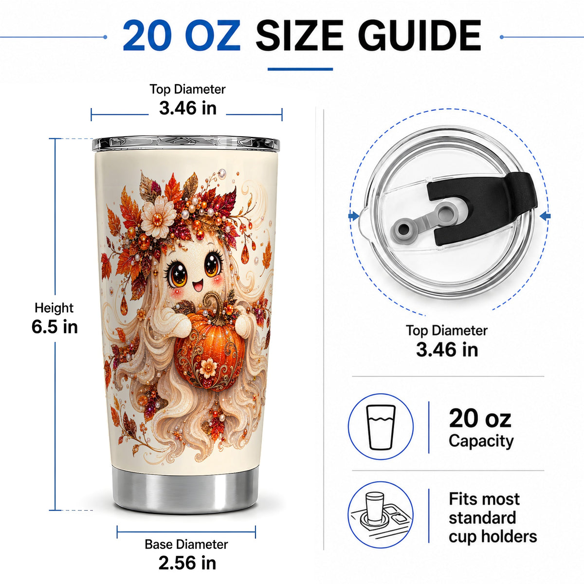 #pl[20oz|Steel] Autumn Ghost Tumbler, 20oz Stainless Steel Tumbler with Jeweled Pumpkin Art