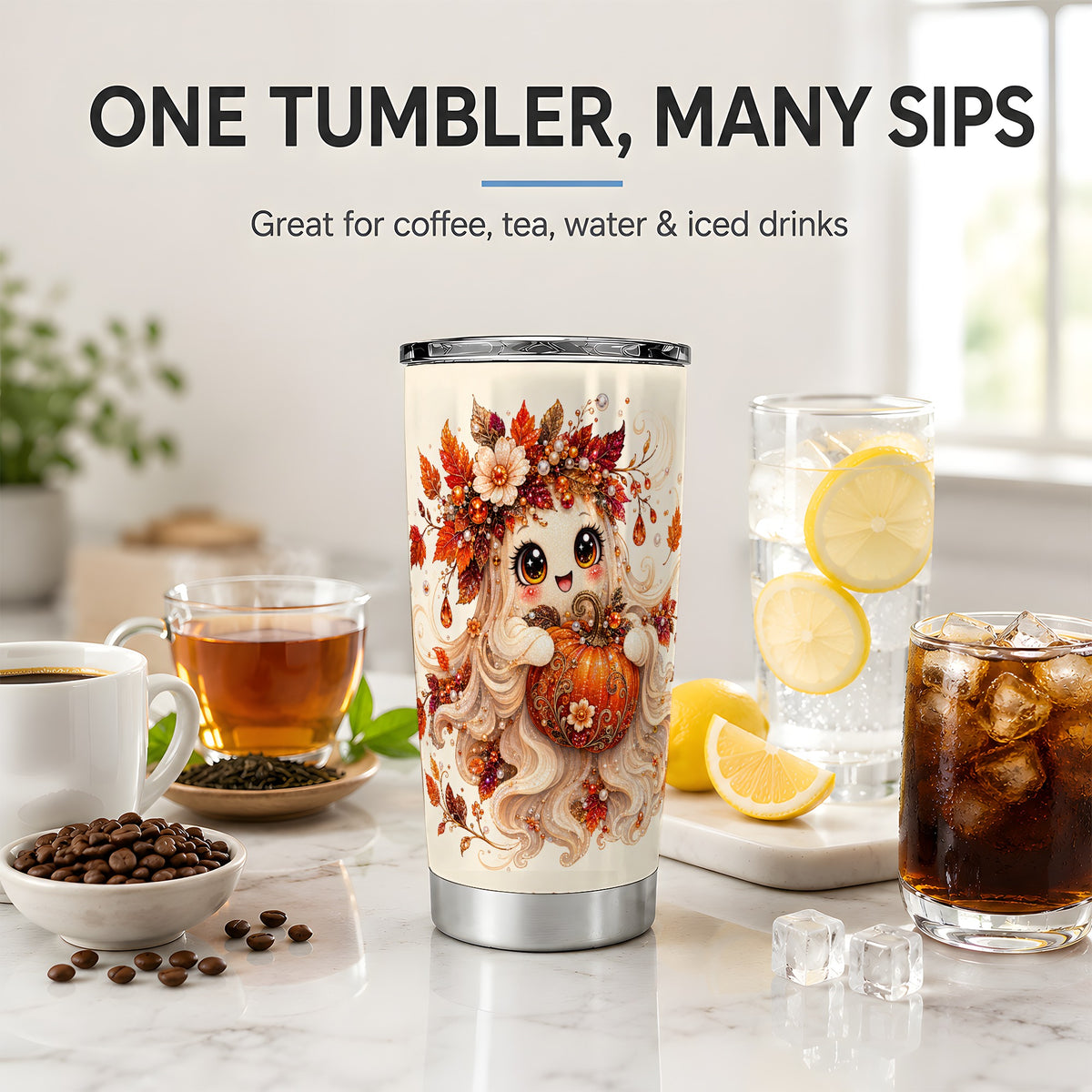 #pl[20oz|Steel] Autumn Ghost Tumbler, 20oz Stainless Steel Tumbler with Jeweled Pumpkin Art