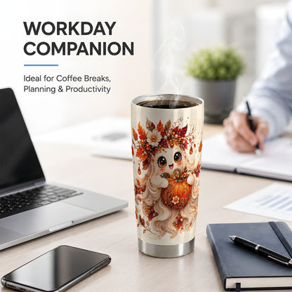 #pl[20oz|Steel] Autumn Ghost Tumbler, 20oz Stainless Steel Tumbler with Jeweled Pumpkin Art