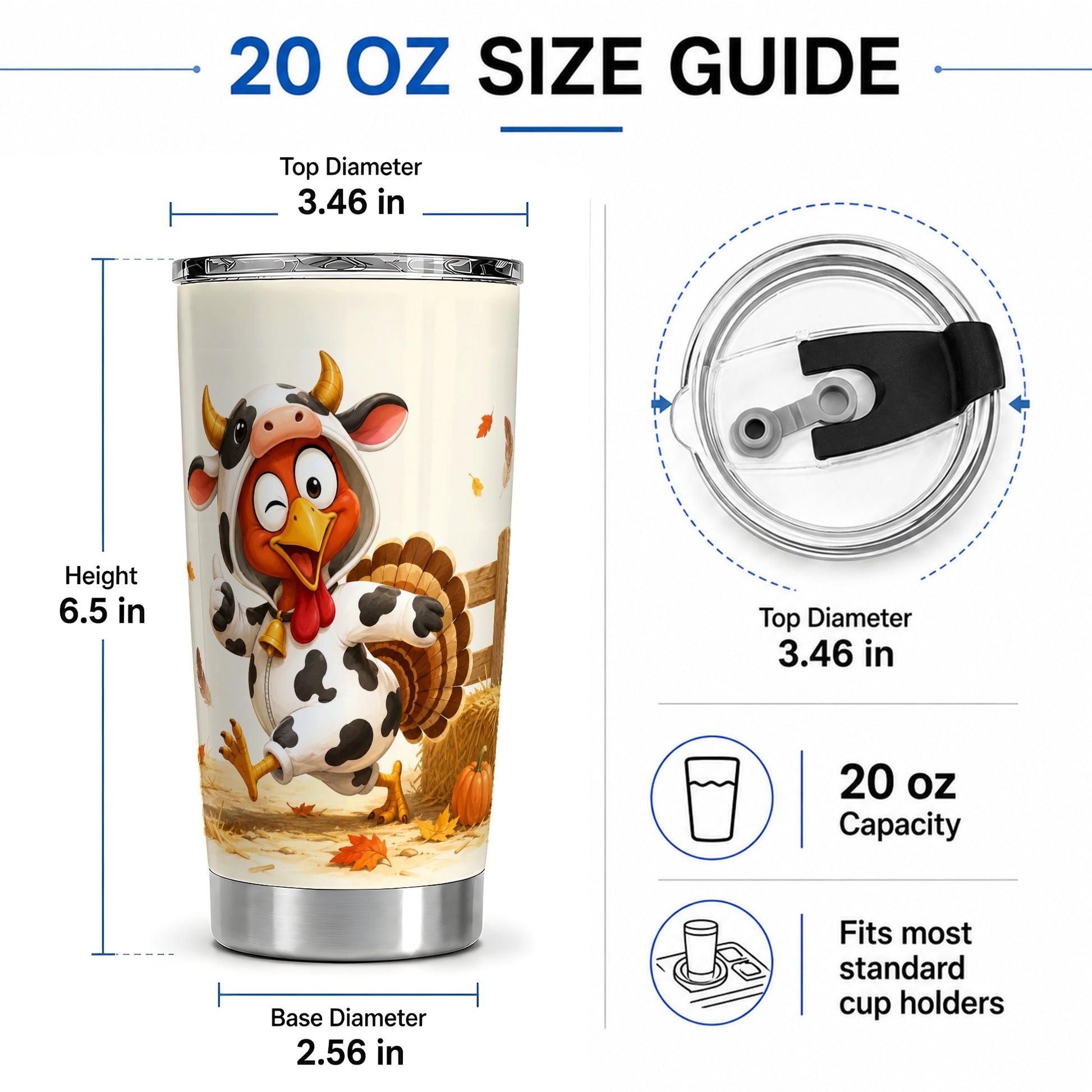 #pl[20oz|Steel] Funny Turkey Tumbler, 20oz Stainless Steel Tumbler with Cow Costume Art