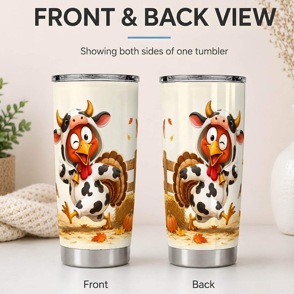#pl[20oz|Steel] Funny Turkey Tumbler, 20oz Stainless Steel Tumbler with Cow Costume Art