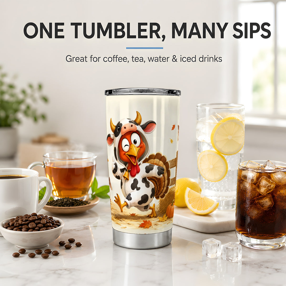 #pl[20oz|Steel] Funny Turkey Tumbler, 20oz Stainless Steel Tumbler with Cow Costume Art