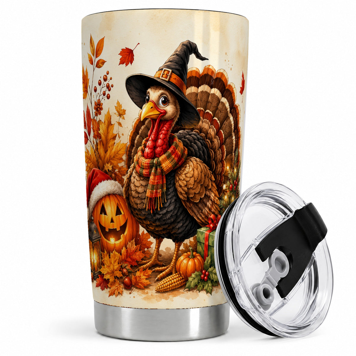 Holiday Turkey Tumbler, 20oz Stainless Steel Tumbler with Witch Hat Art