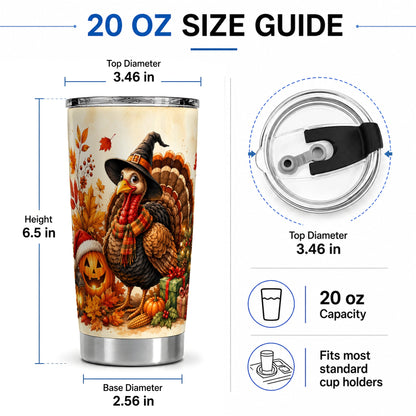 #pl[20oz|Steel] Holiday Turkey Tumbler, 20oz Stainless Steel Tumbler with Witch Hat Art