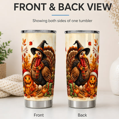 #pl[20oz|Steel] Holiday Turkey Tumbler, 20oz Stainless Steel Tumbler with Witch Hat Art
