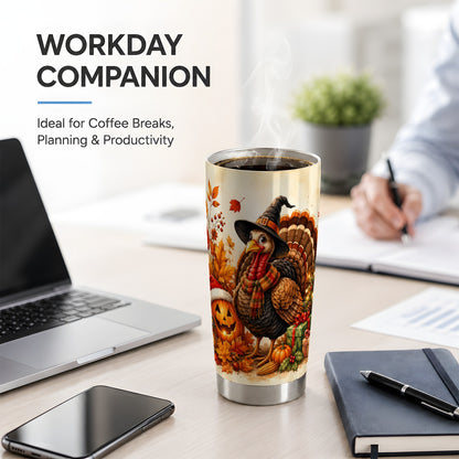 #pl[20oz|Steel] Holiday Turkey Tumbler, 20oz Stainless Steel Tumbler with Witch Hat Art