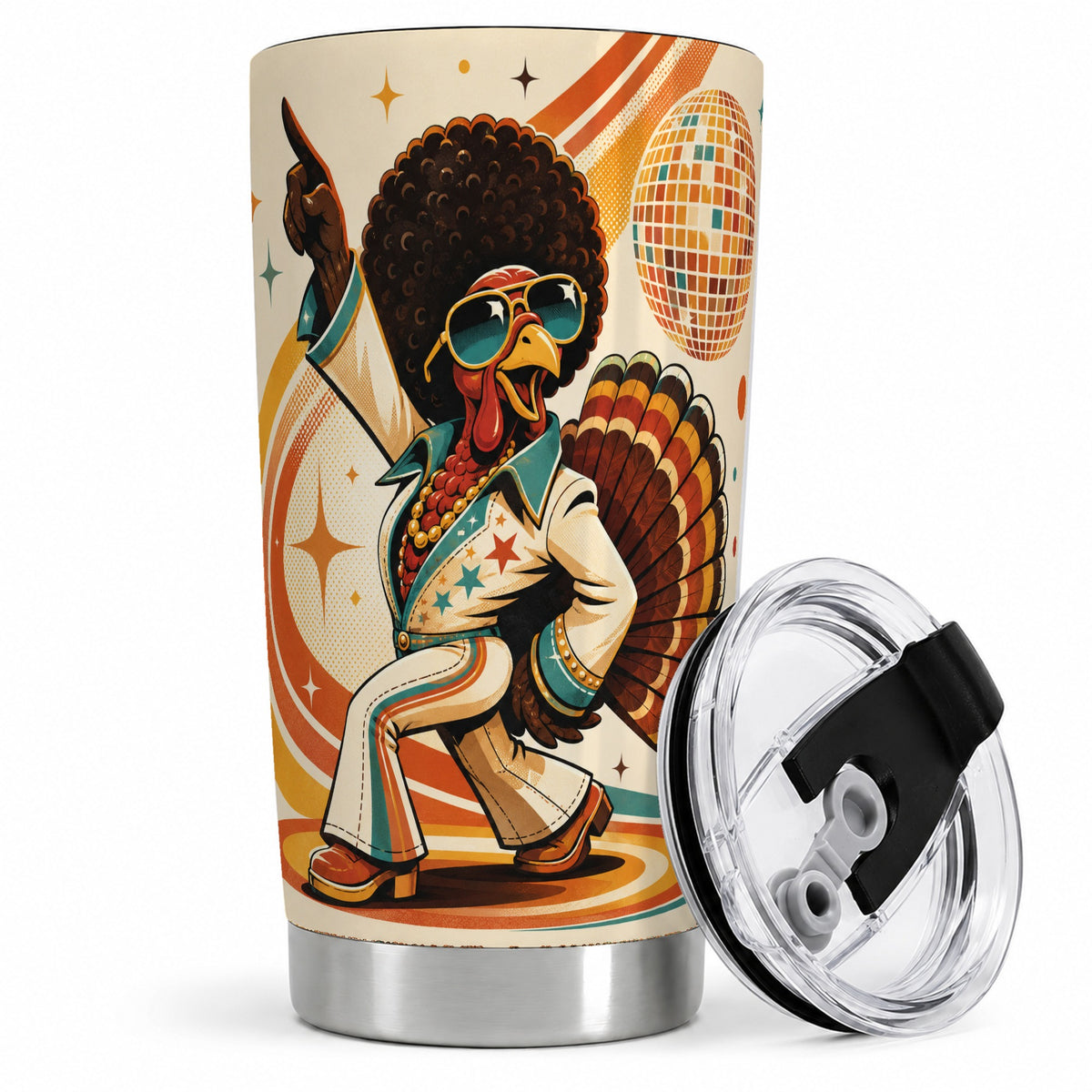 Retro Disco Turkey Tumbler, 20oz Stainless Steel Tumbler with 70s Dance Art