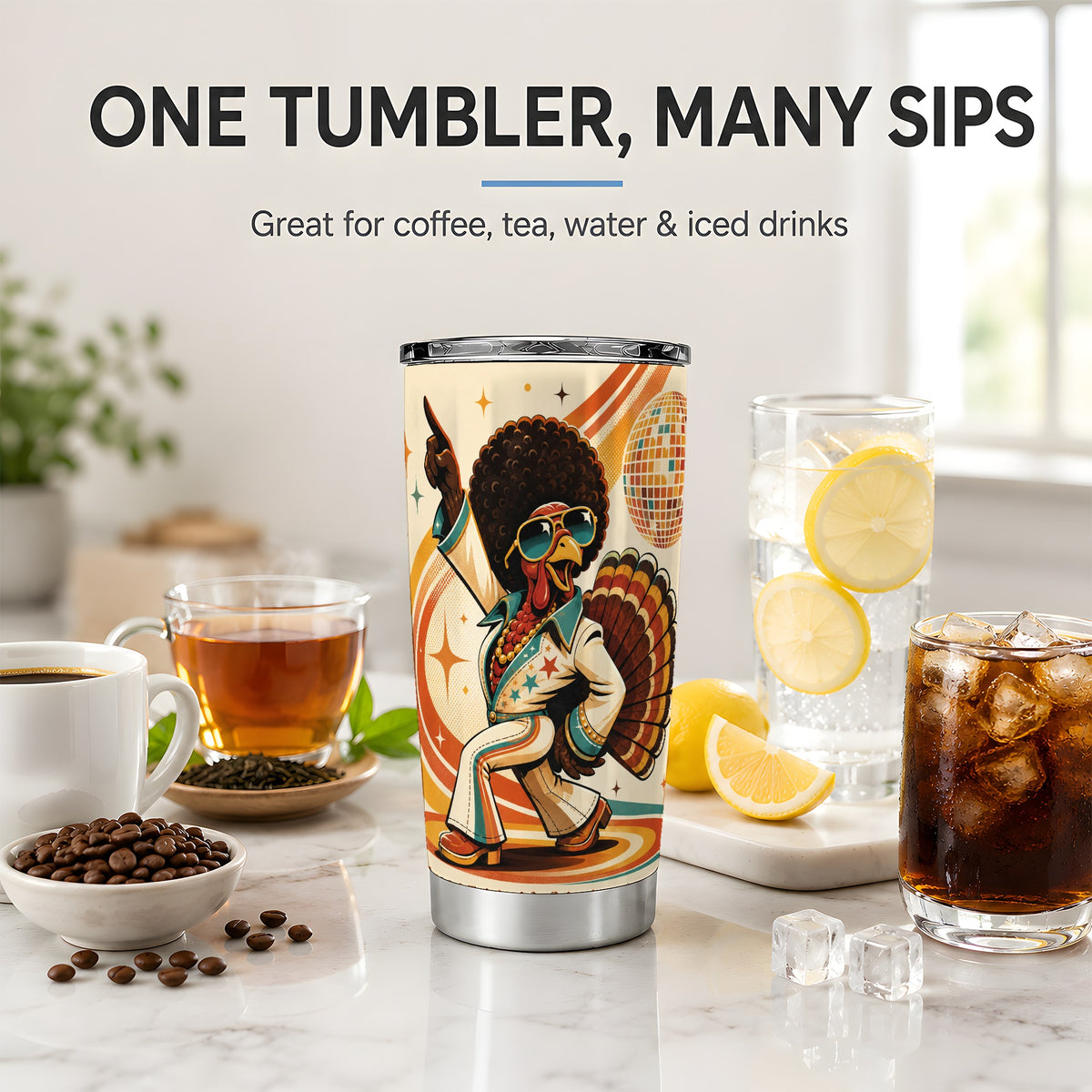 #pl[20oz|Steel] Retro Disco Turkey Tumbler, 20oz Stainless Steel Tumbler with 70s Dance Art