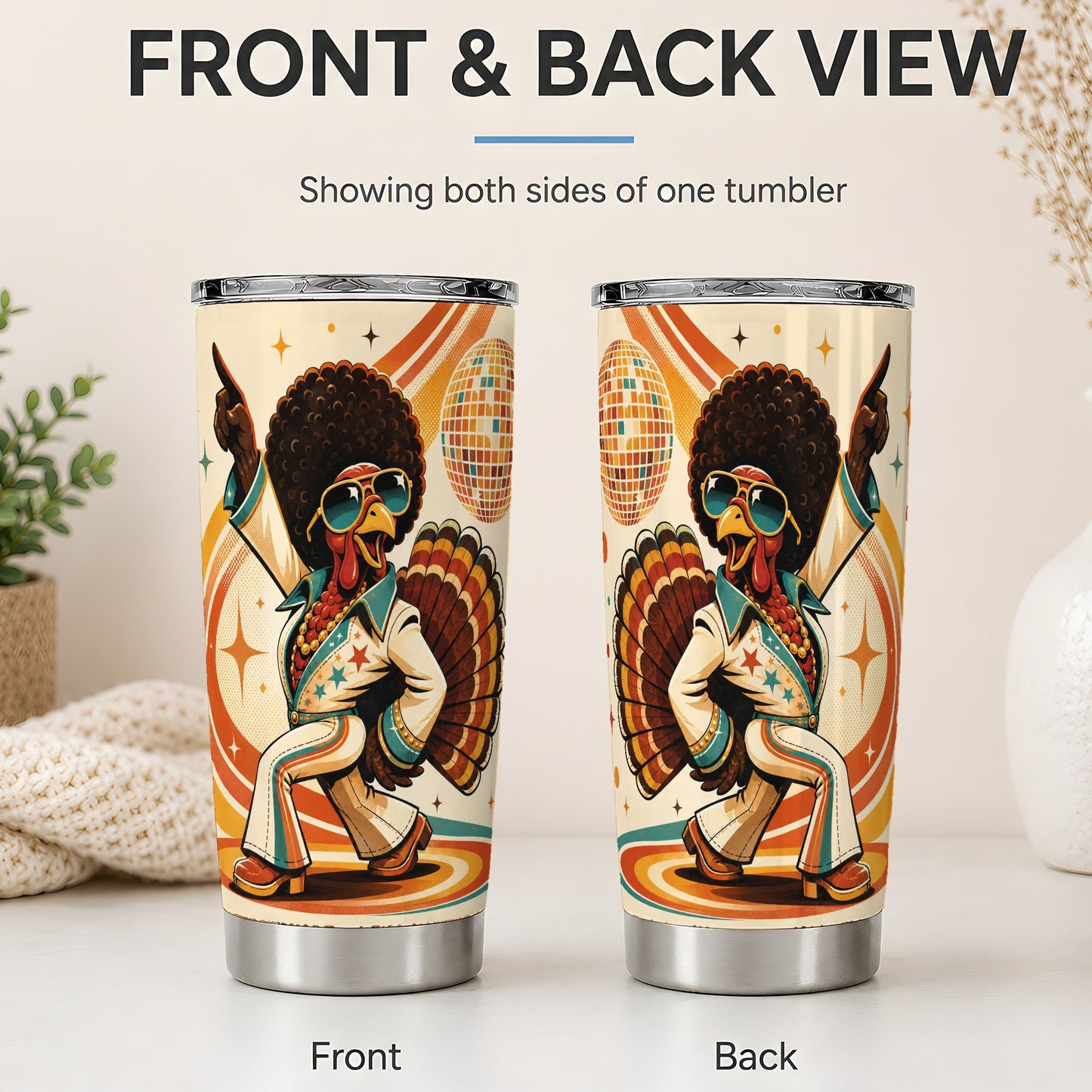 #pl[20oz|Steel] Retro Disco Turkey Tumbler, 20oz Stainless Steel Tumbler with 70s Dance Art