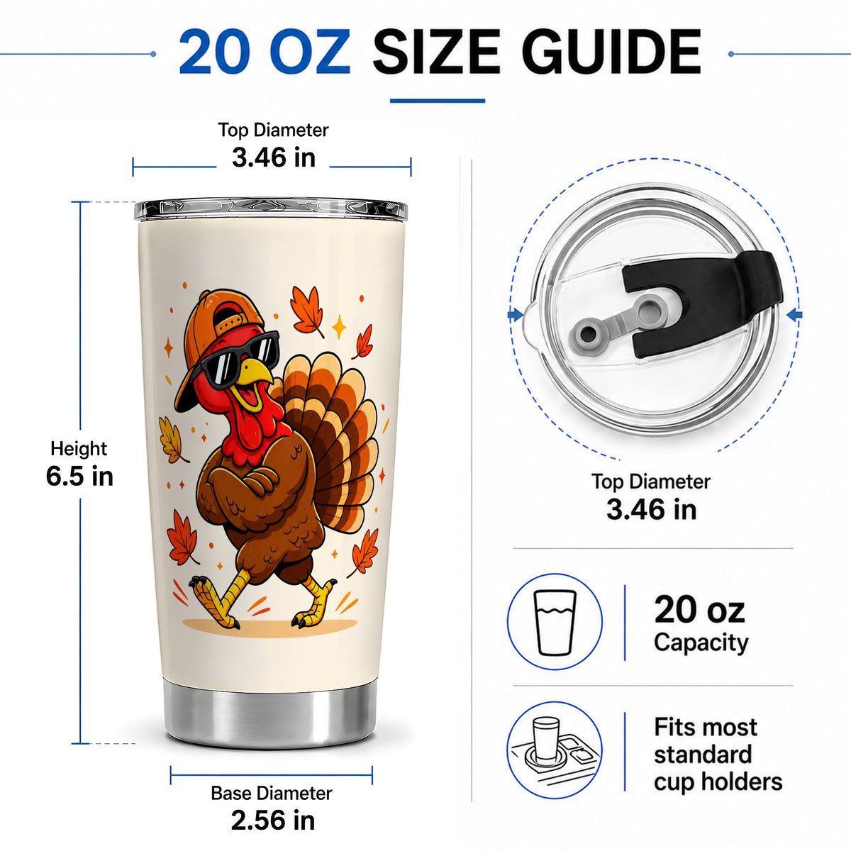 #pl[20oz|Steel] Cool Turkey Tumbler, 20oz Stainless Steel Tumbler with Sunglasses Fall Art