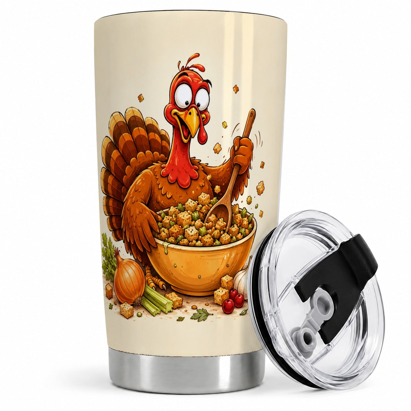 Thanksgiving Turkey Tumbler, 20oz Stainless Steel Tumbler with Stuffing Art