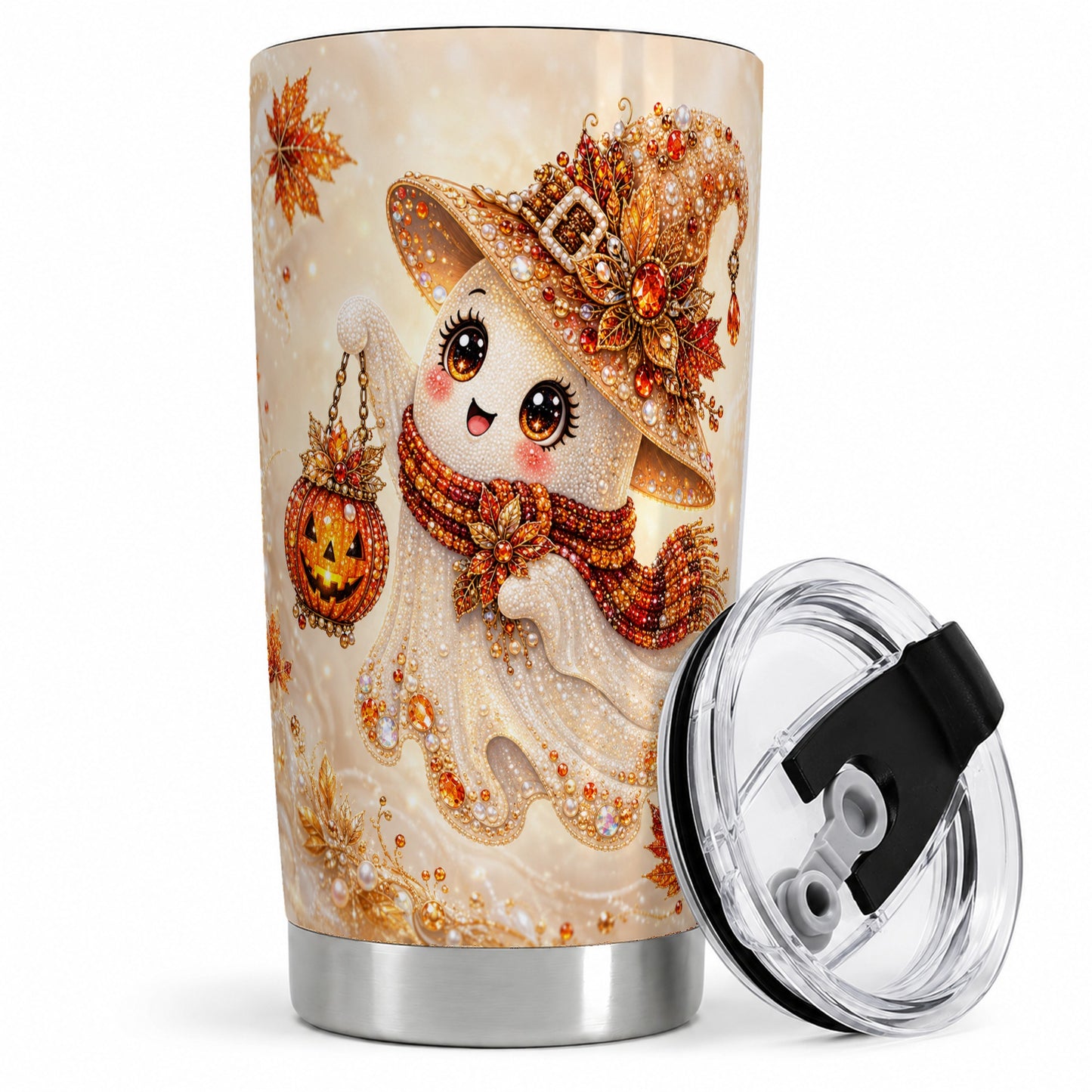 Witch Ghost Tumbler, 20oz Stainless Steel Tumbler with Pumpkin Lantern Art