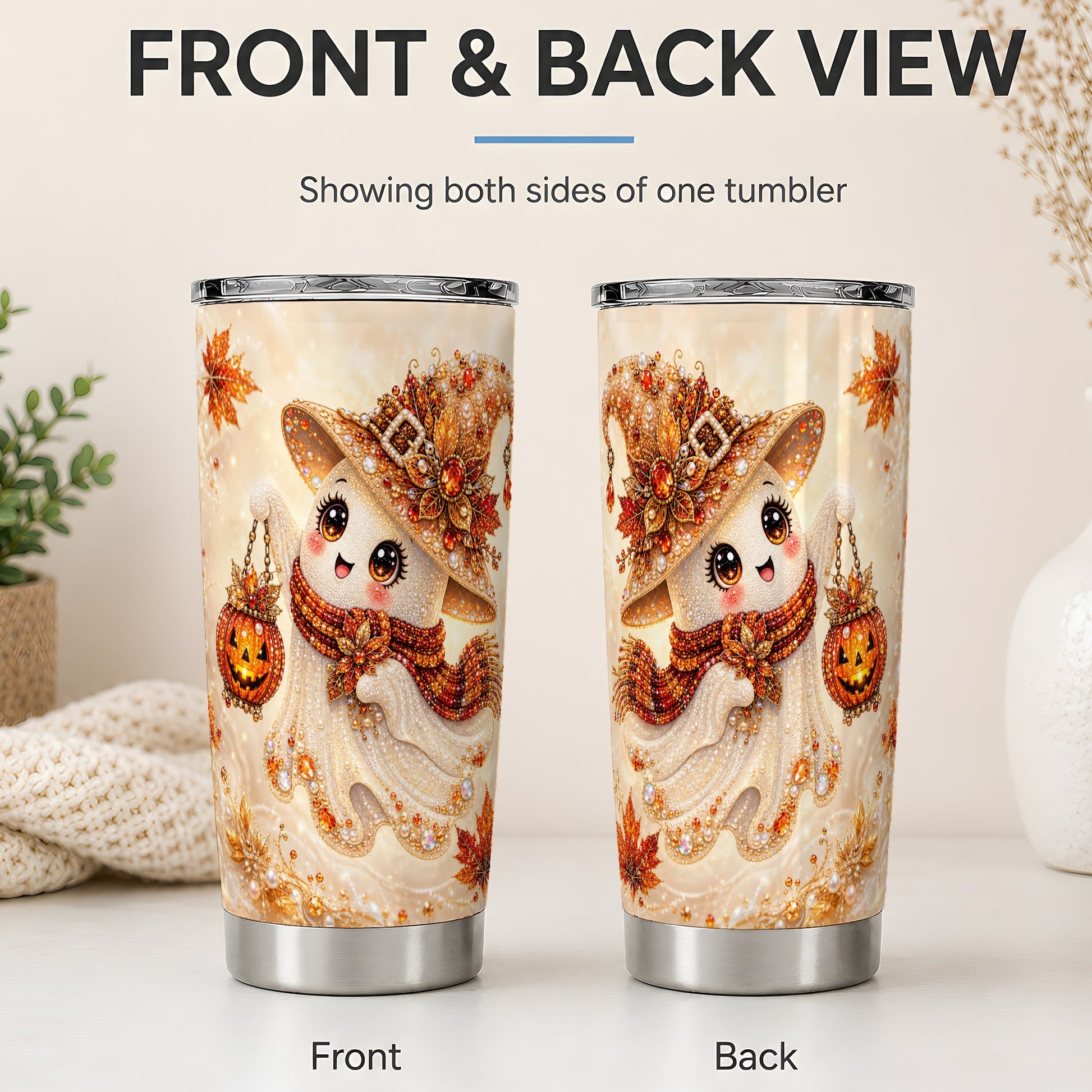 #pl[20oz|Steel] Witch Ghost Tumbler, 20oz Stainless Steel Tumbler with Pumpkin Lantern Art