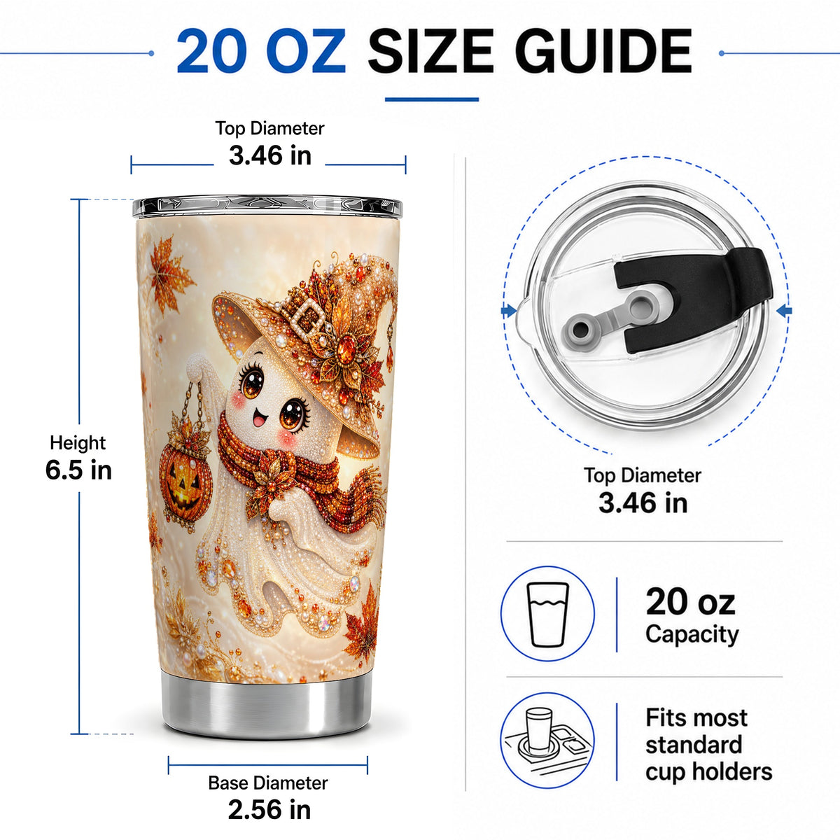 #pl[20oz|Steel] Witch Ghost Tumbler, 20oz Stainless Steel Tumbler with Pumpkin Lantern Art