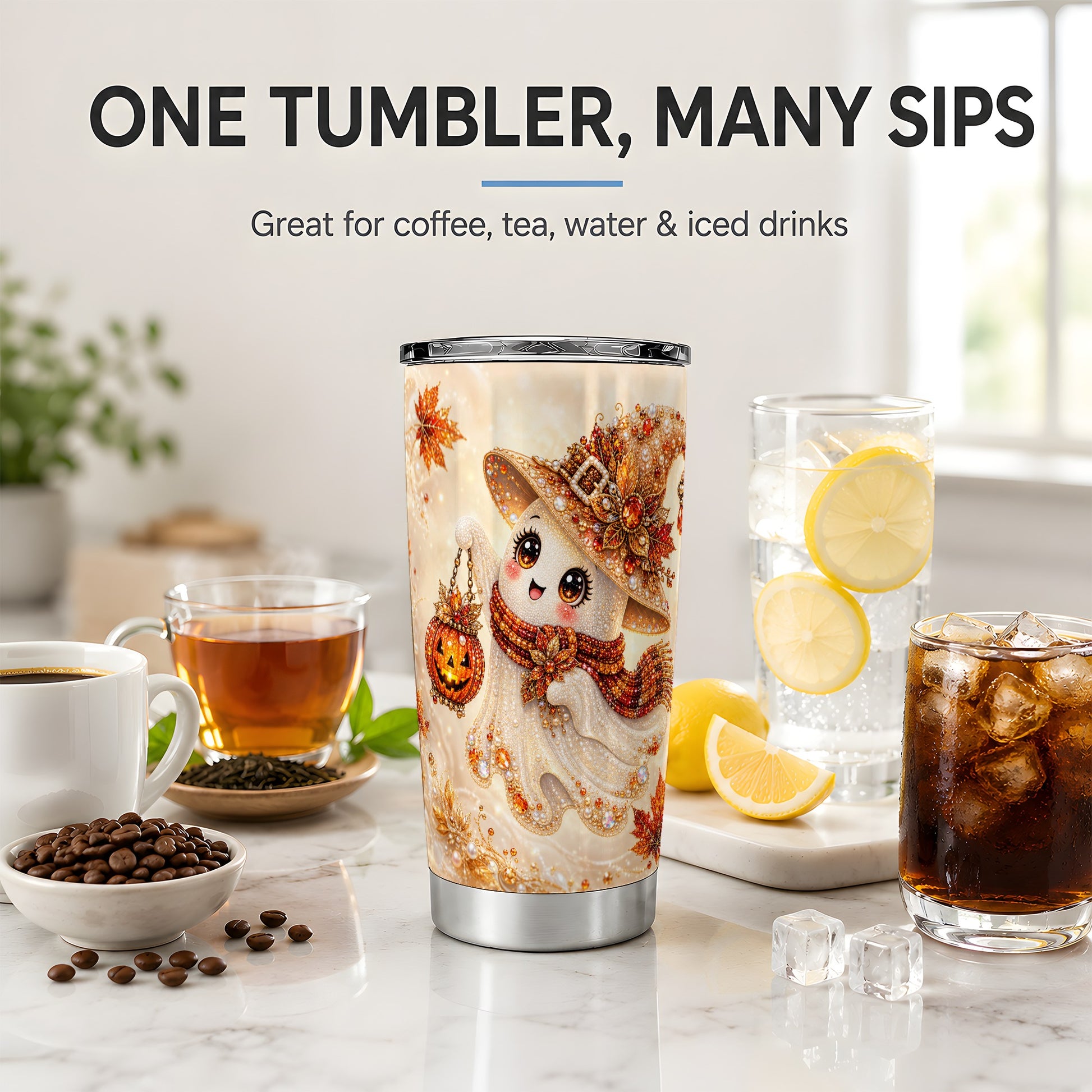 #pl[20oz|Steel] Witch Ghost Tumbler, 20oz Stainless Steel Tumbler with Pumpkin Lantern Art