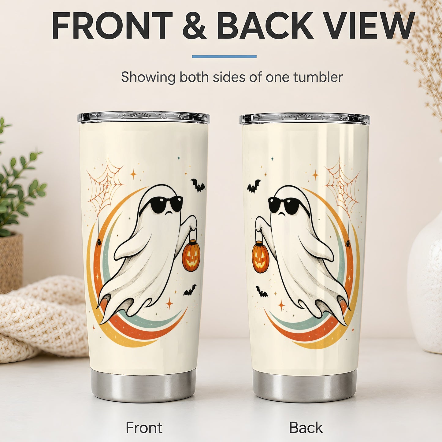 #pl[20oz|Steel] Retro Ghost Tumbler, 20oz Stainless Steel Tumbler with Pumpkin Art