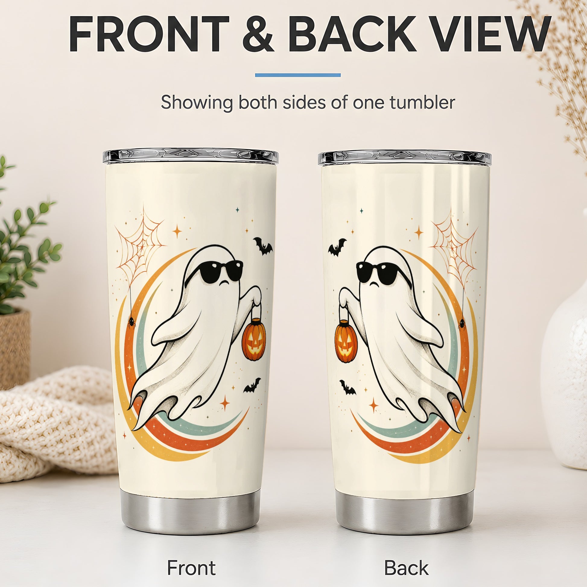 #pl[20oz|Steel] Retro Ghost Tumbler, 20oz Stainless Steel Tumbler with Pumpkin Art