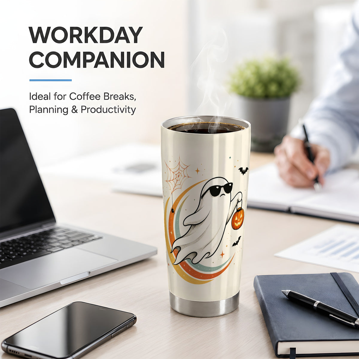 #pl[20oz|Steel] Retro Ghost Tumbler, 20oz Stainless Steel Tumbler with Pumpkin Art