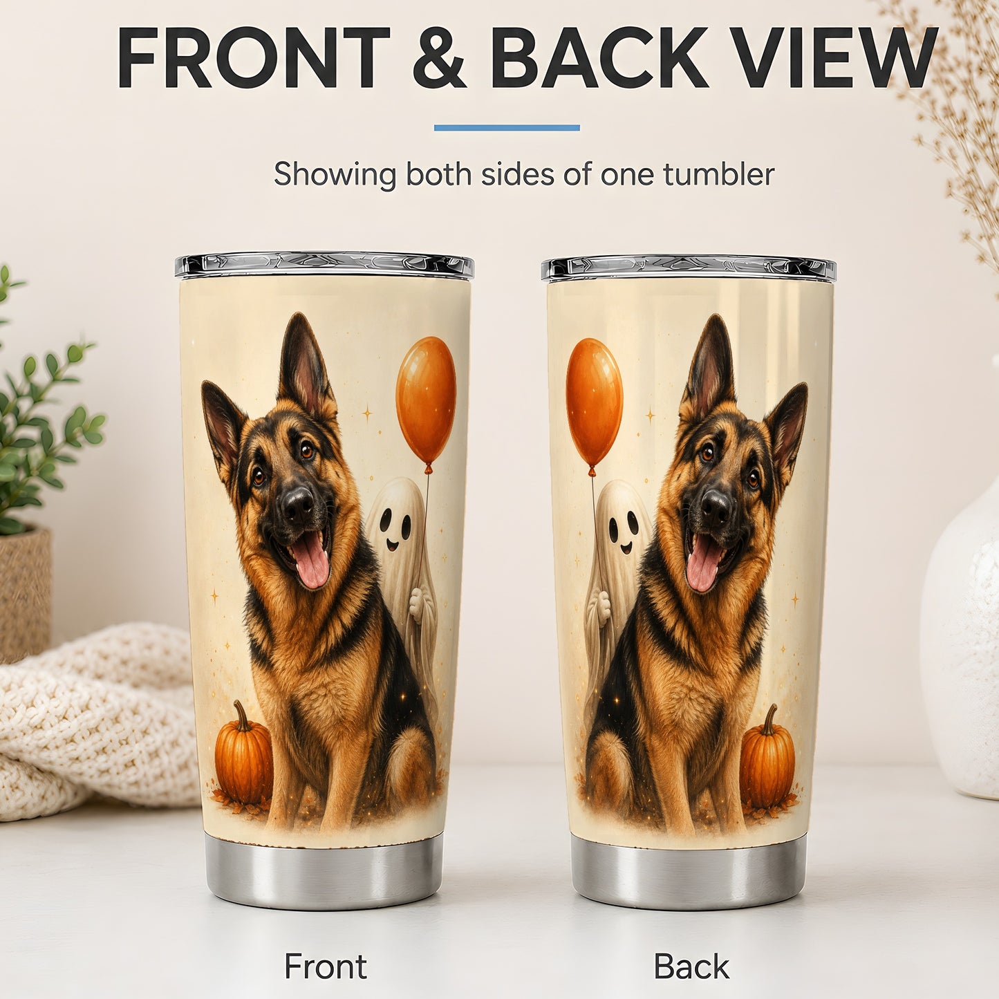 #pl[20oz|Steel] German Shepherd Tumbler, 20oz Stainless Steel Tumbler with Halloween Art