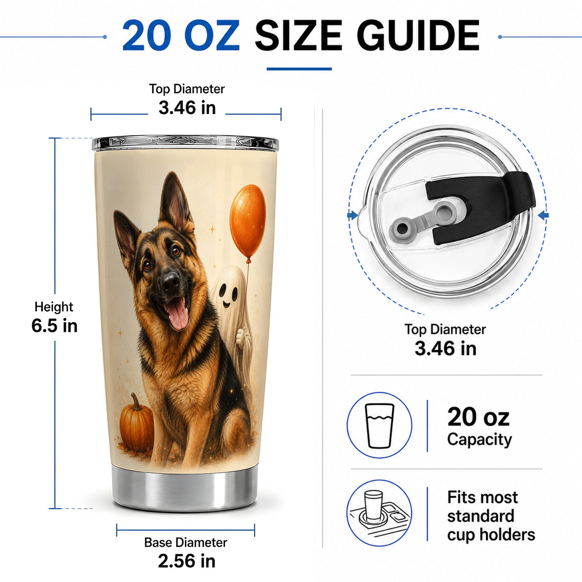 #pl[20oz|Steel] German Shepherd Tumbler, 20oz Stainless Steel Tumbler with Halloween Art