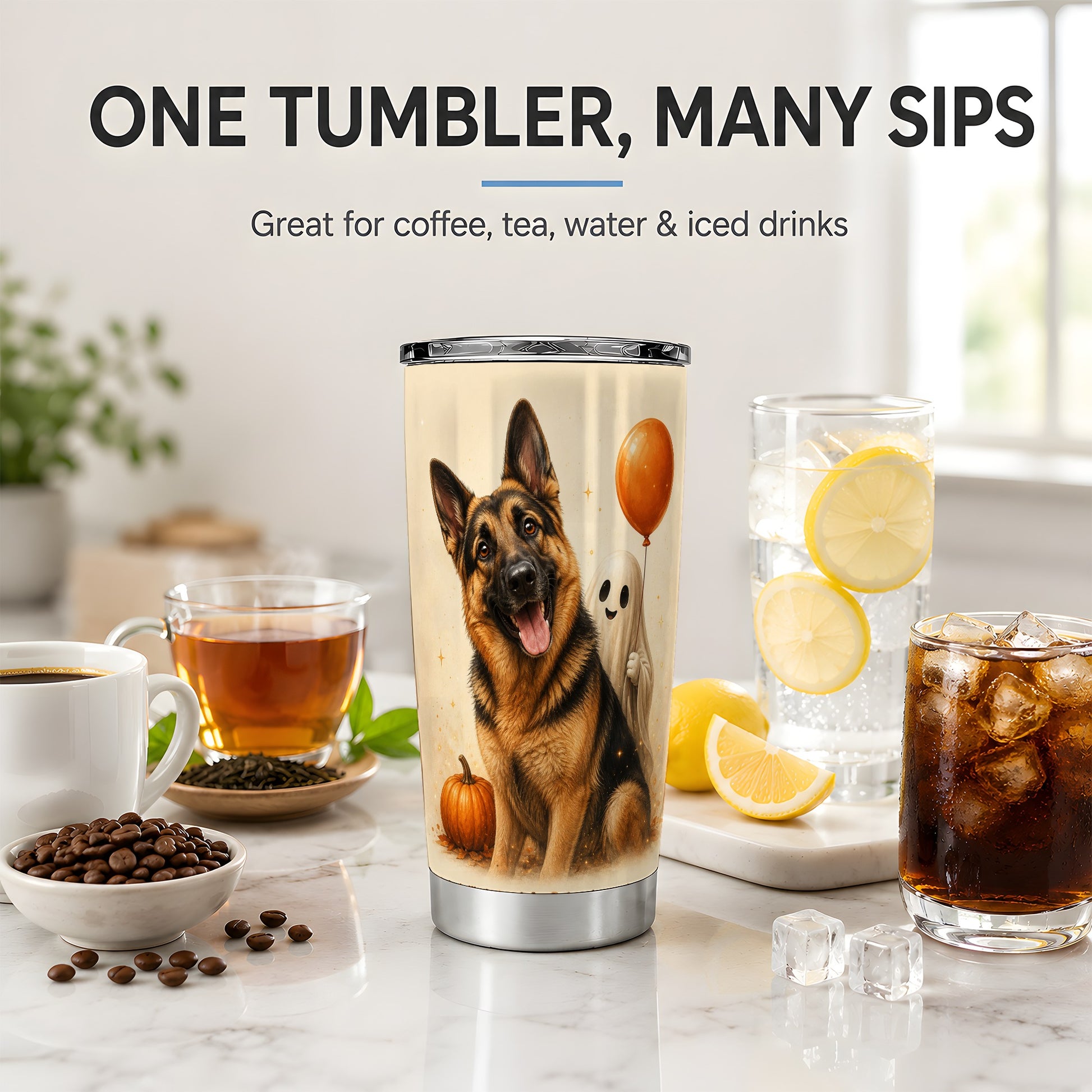 #pl[20oz|Steel] German Shepherd Tumbler, 20oz Stainless Steel Tumbler with Halloween Art