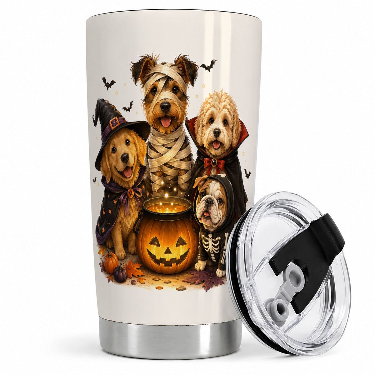 Halloween Dogs Tumbler, 20oz Stainless Steel Tumbler with Costume Group Art