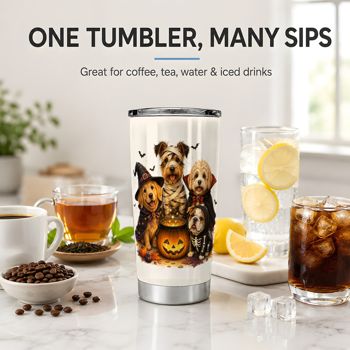 #pl[20oz|Steel] Halloween Dogs Tumbler, 20oz Stainless Steel Tumbler with Costume Group Art