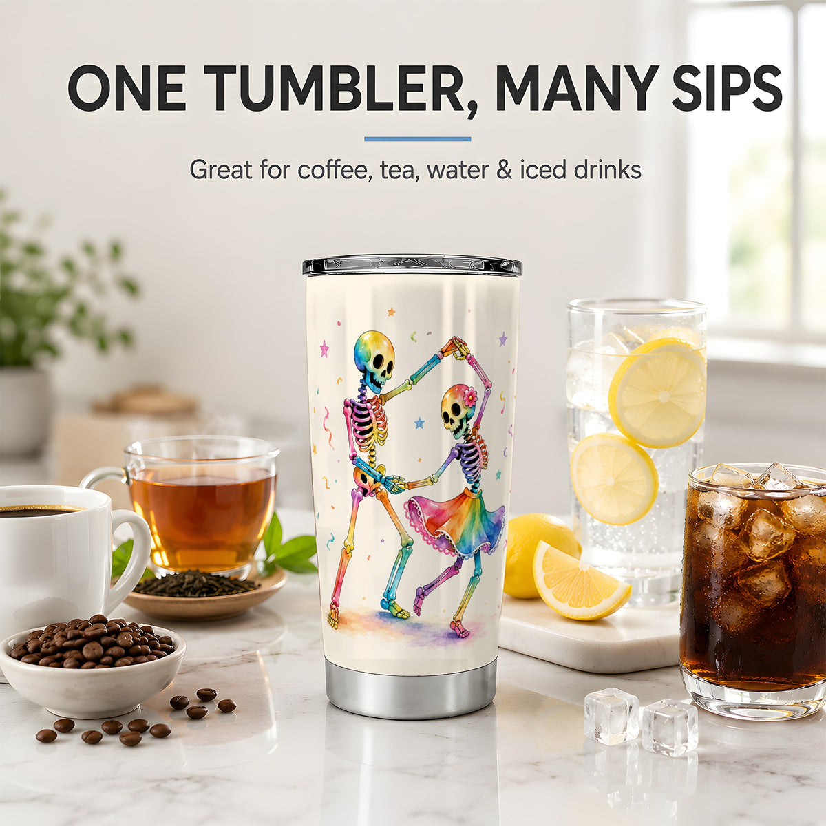 #pl[20oz|Steel] Rainbow Skeleton Tumbler, 20oz Stainless Steel Tumbler with Dance Art