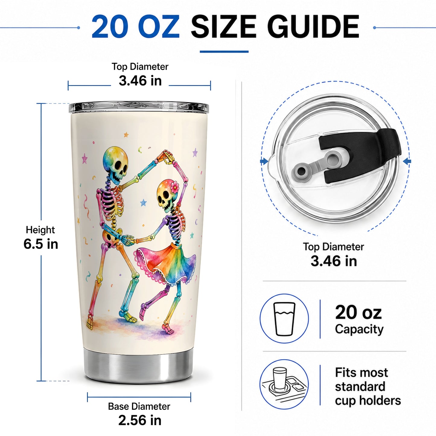 #pl[20oz|Steel] Rainbow Skeleton Tumbler, 20oz Stainless Steel Tumbler with Dance Art