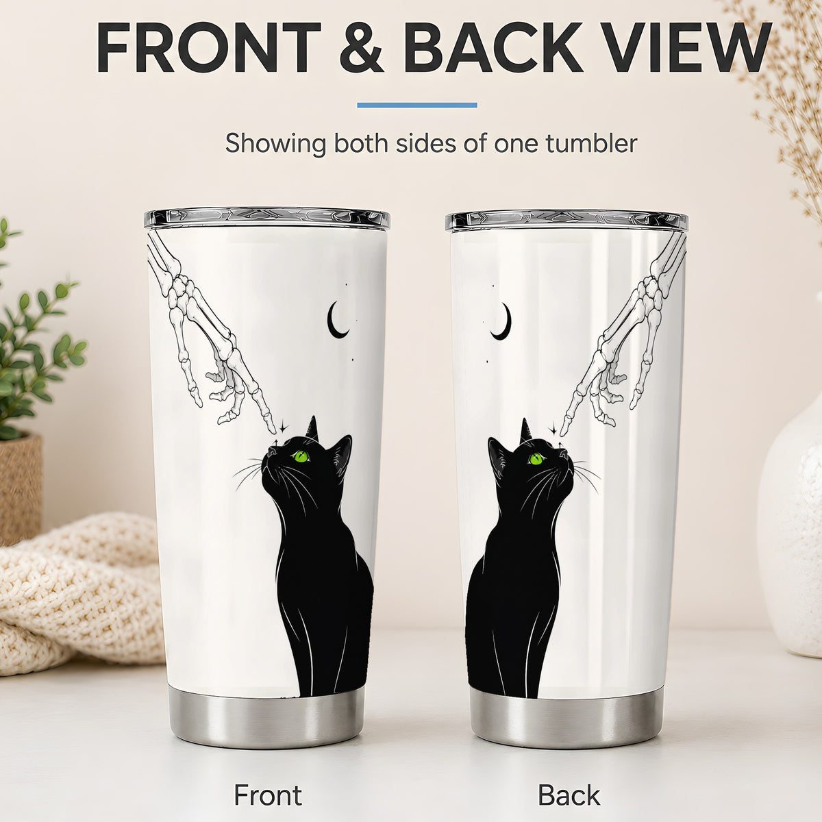 #pl[20oz|Steel] Black Cat Tumbler, 20oz Stainless Steel Tumbler with Skeleton Moon Art