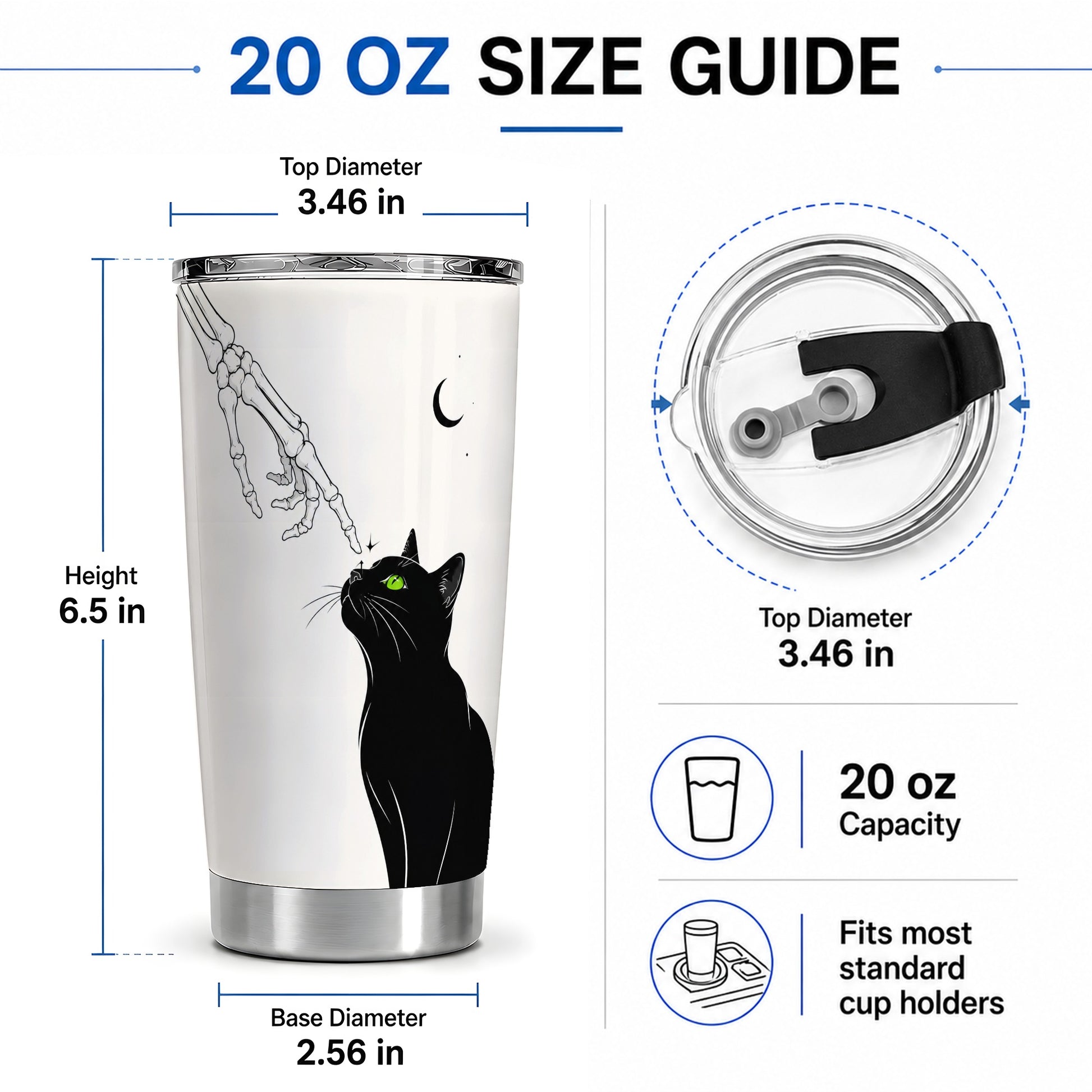 #pl[20oz|Steel] Black Cat Tumbler, 20oz Stainless Steel Tumbler with Skeleton Moon Art